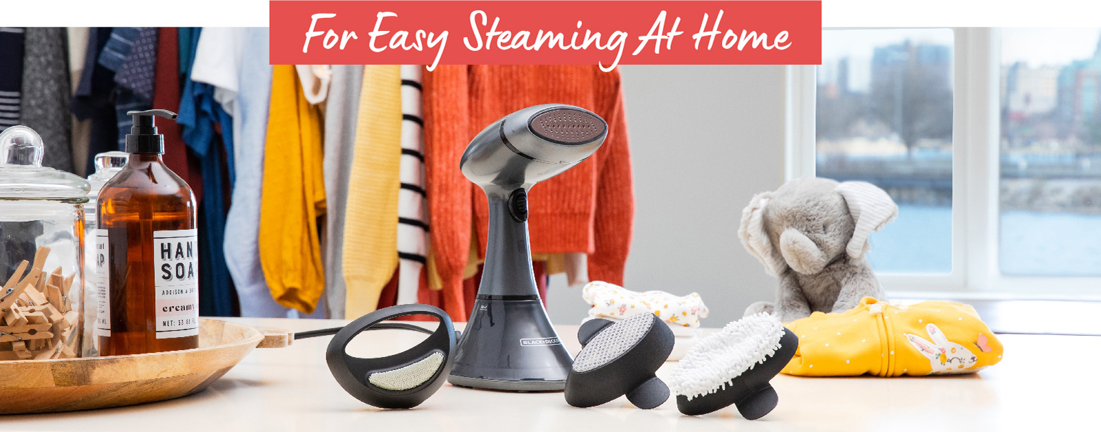 Easy steaming at home with the Advanced Handheld Steamer, shown with attachments.